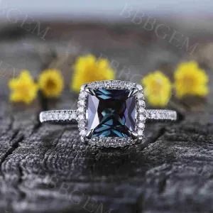 Princess Cut Alexandrite Diamond Engagement Ring Thin Pave Half Eternity Band 7mm Color-Changing Gemstone Ring Art Deco