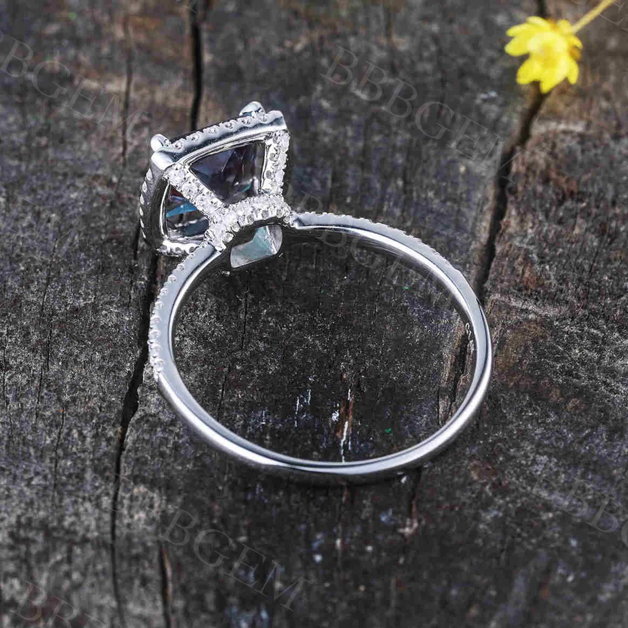 Princess Cut Alexandrite Diamond Engagement Ring Thin Pave Half Eternity Band 7mm Color-Changing Gemstone Ring Art Deco