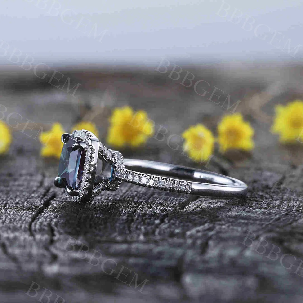 Princess Cut Alexandrite Diamond Engagement Ring Thin Pave Half Eternity Band 7mm Color-Changing Gemstone Ring Art Deco