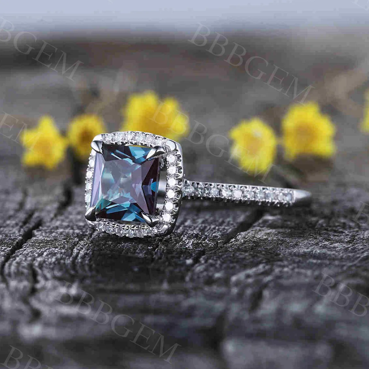 Princess Cut Alexandrite Diamond Engagement Ring Thin Pave Half Eternity Band 7mm Color-Changing Gemstone Ring Art Deco