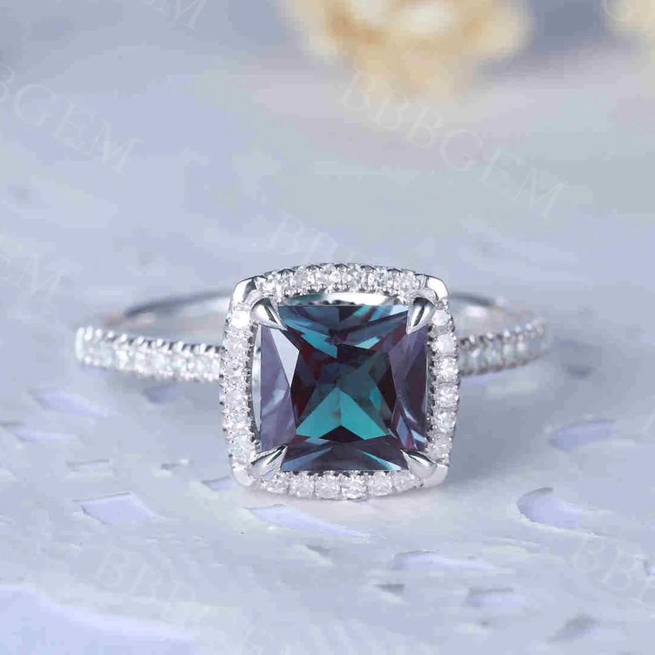 Princess Cut Alexandrite Diamond Engagement Ring Thin Pave Half Eternity Band 7mm Color-Changing Gemstone Ring Art Deco