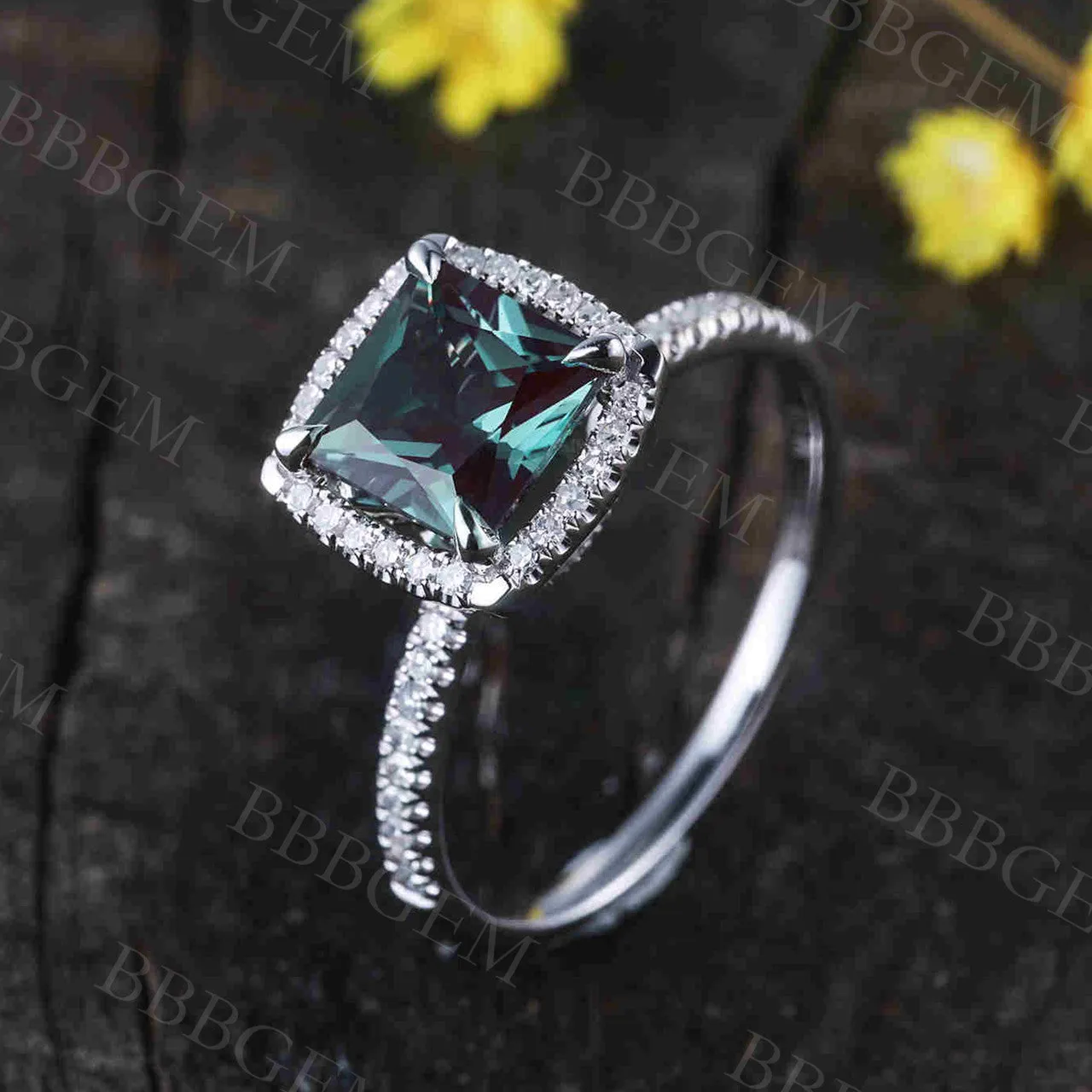 Princess Cut Alexandrite Diamond Engagement Ring Thin Pave Half Eternity Band 7mm Color-Changing Gemstone Ring Art Deco