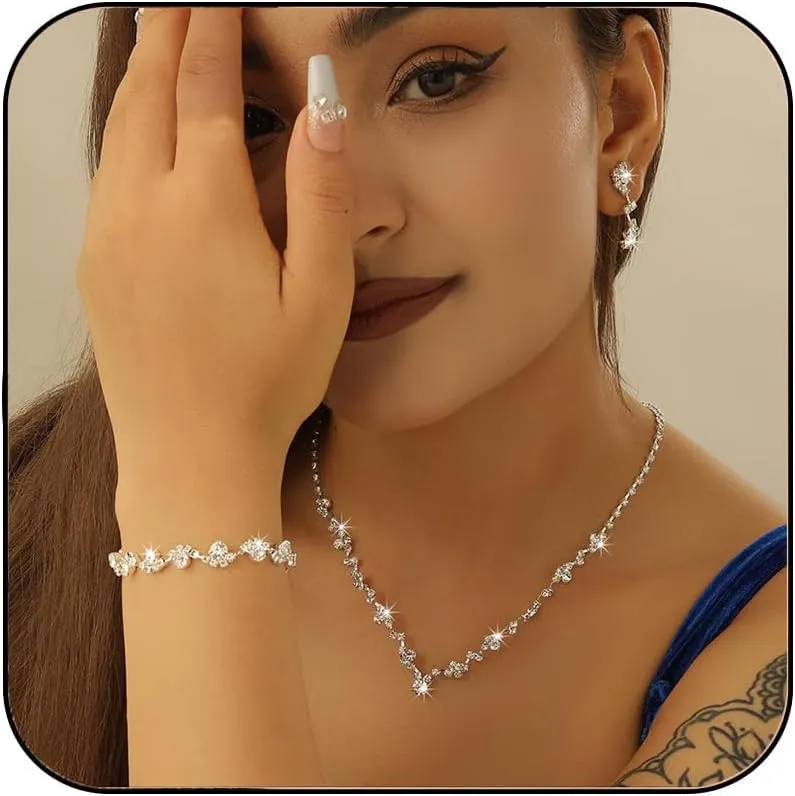Prom Jewelry Sets Silver Bride Jewelry Set for Wedding Bridesmaid Accessories Necklace Earrings Bracelet Set Elegant Crystal Wedding Prom Jewelry for Women