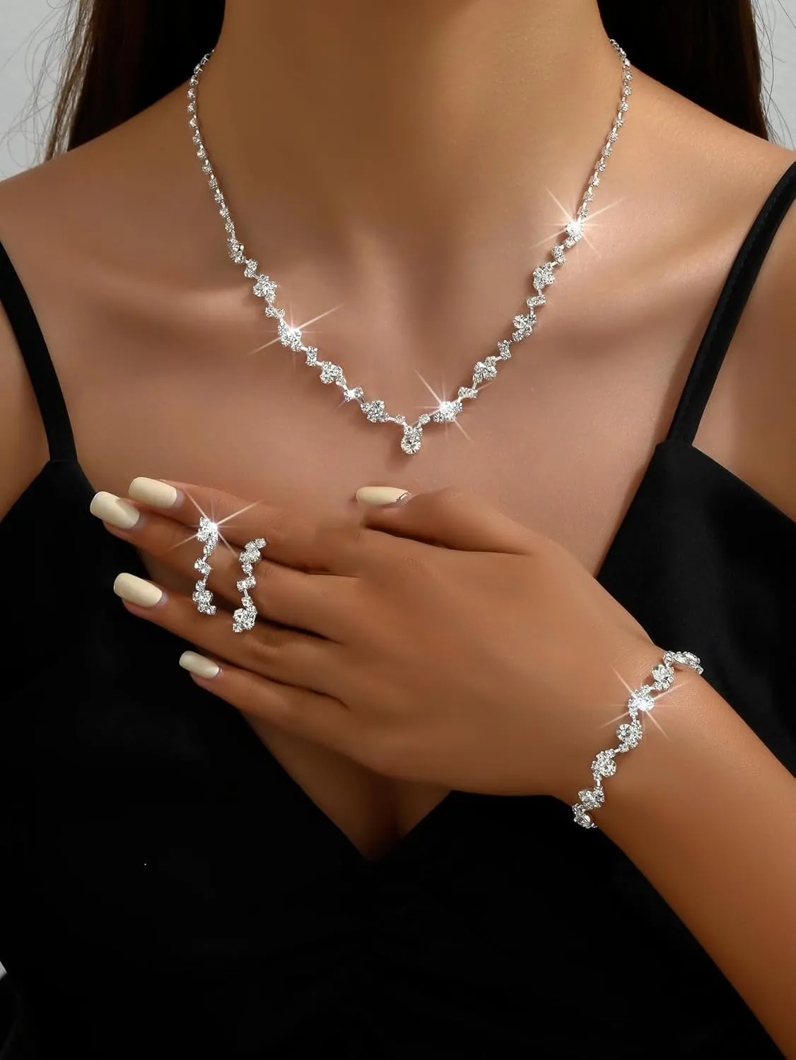 Prom Jewelry Sets Silver Bride Jewelry Set for Wedding Bridesmaid Accessories Necklace Earrings Bracelet Set Elegant Crystal Wedding Prom Jewelry for Women