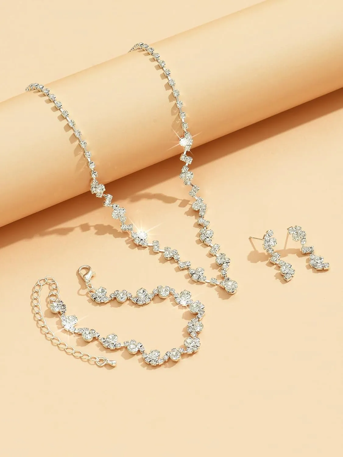 Prom Jewelry Sets Silver Bride Jewelry Set for Wedding Bridesmaid Accessories Necklace Earrings Bracelet Set Elegant Crystal Wedding Prom Jewelry for Women