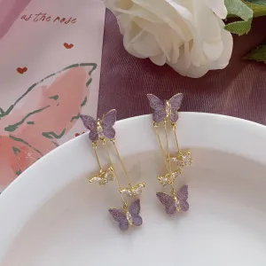 Purple Crystal Zircon Butterfly Dangle Earrings for Women: Gold Plated Long Tassel Earrings - Elegant Wedding/Bridal Jewelry, Party Holiday Gift - Spring & Romantic Aesthetic Accessories