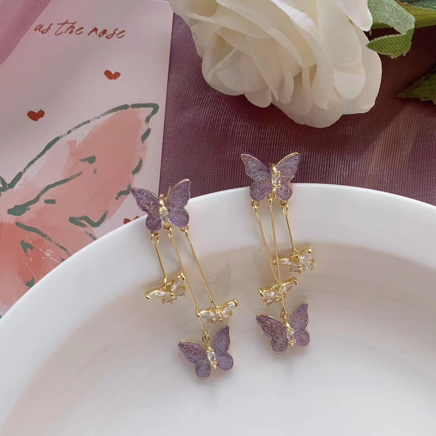 Purple Crystal Zircon Butterfly Dangle Earrings for Women: Gold Plated Long Tassel Earrings - Elegant Wedding/Bridal Jewelry, Party Holiday Gift - Spring & Romantic Aesthetic Accessories