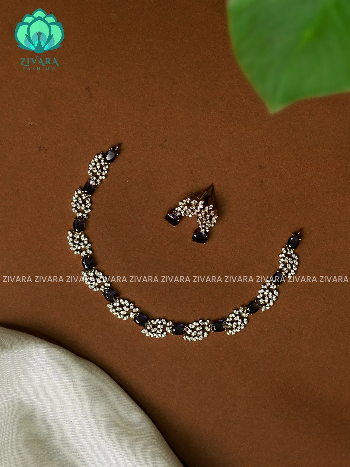 PURPLE- LEAF CLUSTER  SUBTLE GOLD FINISH  - stylish and minimal elegant neckwear with earrings- Zivara FashioN