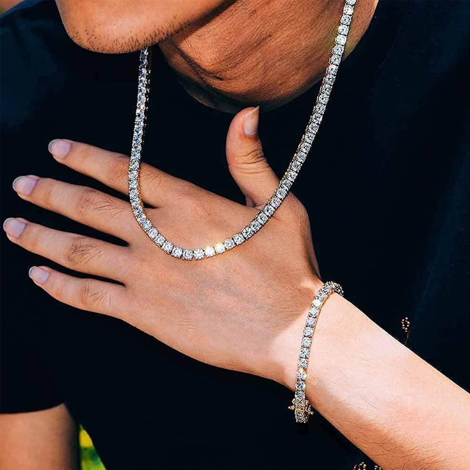 putouzip Tennis Chain Necklace Bracelet For Men 18K Gold Plated 3/4/5MM Round Cut Faux Diamond Link Chains Jewelry Set