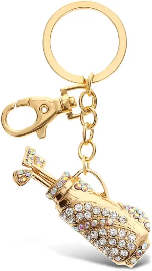 Puzzled Elegant Metal Ring Sparkling Gold Golf Clubs Charms Keychain Rust Resistant Alloy & Crystals Keyring Unique Backpack Handbag Purse Decoration - 4.5 Inches
