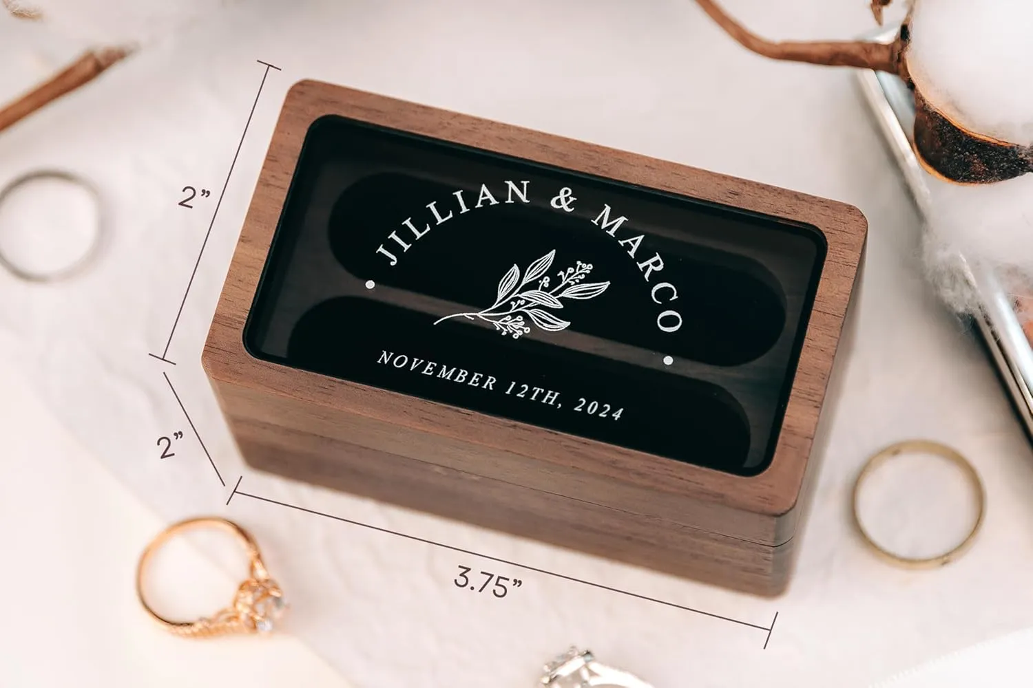Quad Ring Box (Glass Lid Walnut Box) - Wedding Ceremony Ring Bearer Alternative, Engagement Proposal Rings Bedside Table Ring Storage (Custom Lid 2)