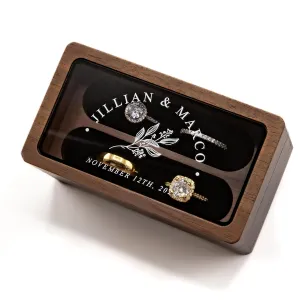 Quad Ring Box (Glass Lid Walnut Box) - Wedding Ceremony Ring Bearer Alternative, Engagement Proposal Rings Bedside Table Ring Storage (Custom Lid 2)