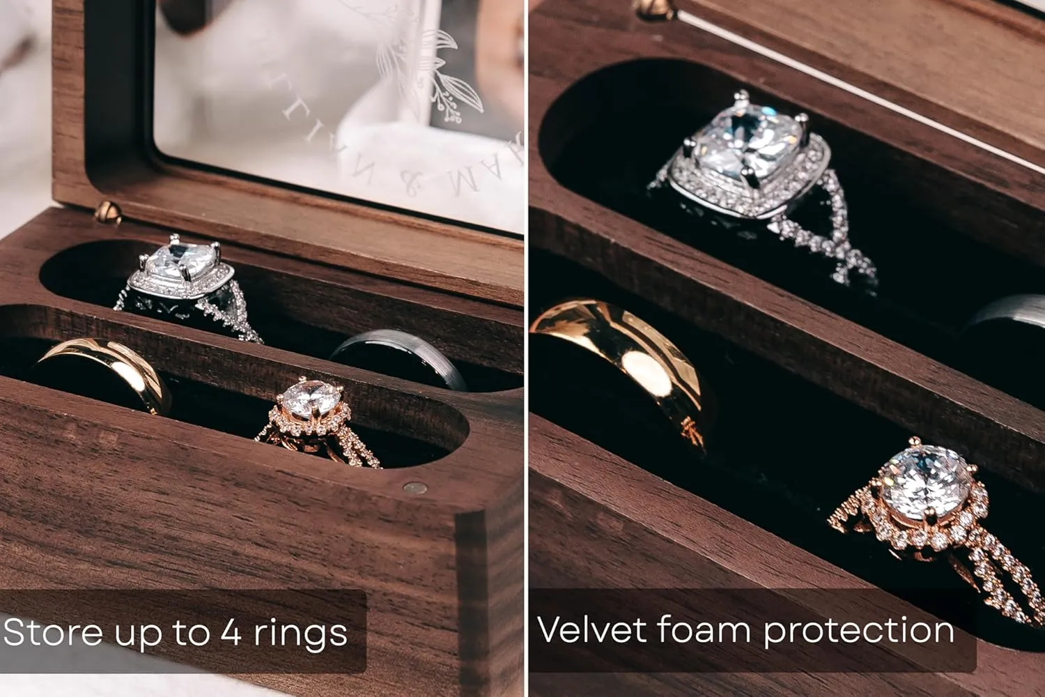 Quad Ring Box (Glass Lid Walnut Box) - Wedding Ceremony Ring Bearer Alternative, Engagement Proposal Rings Bedside Table Ring Storage (Custom Lid 2)