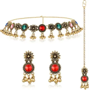 Quelay Set of 3 Indian Jewelry Sets for Women Bollywood Wedding Necklace Jhumkas Indian Earrings Maang Tikka Navratri Jewelry Oxidized