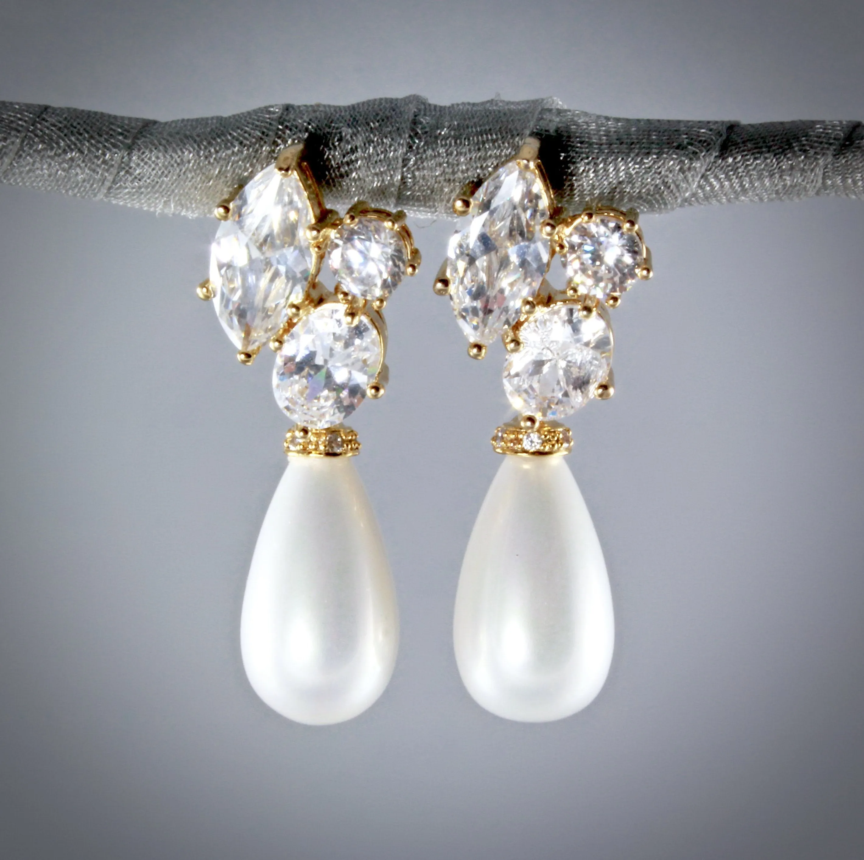 "Alexia" - Bridal Pearl Drop Earrings - Available in Silver and Yellow Gold