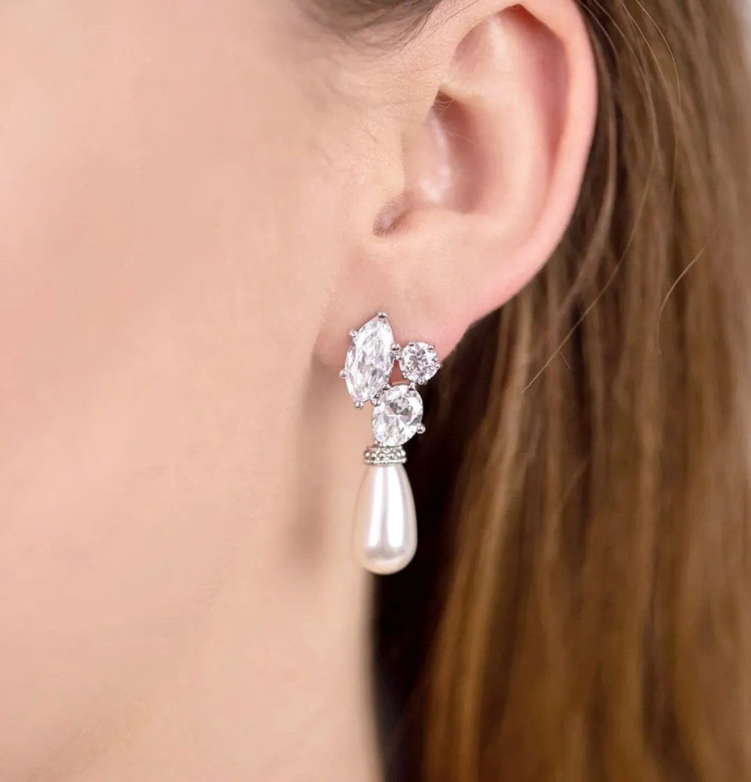 "Alexia" - Bridal Pearl Drop Earrings - Available in Silver and Yellow Gold