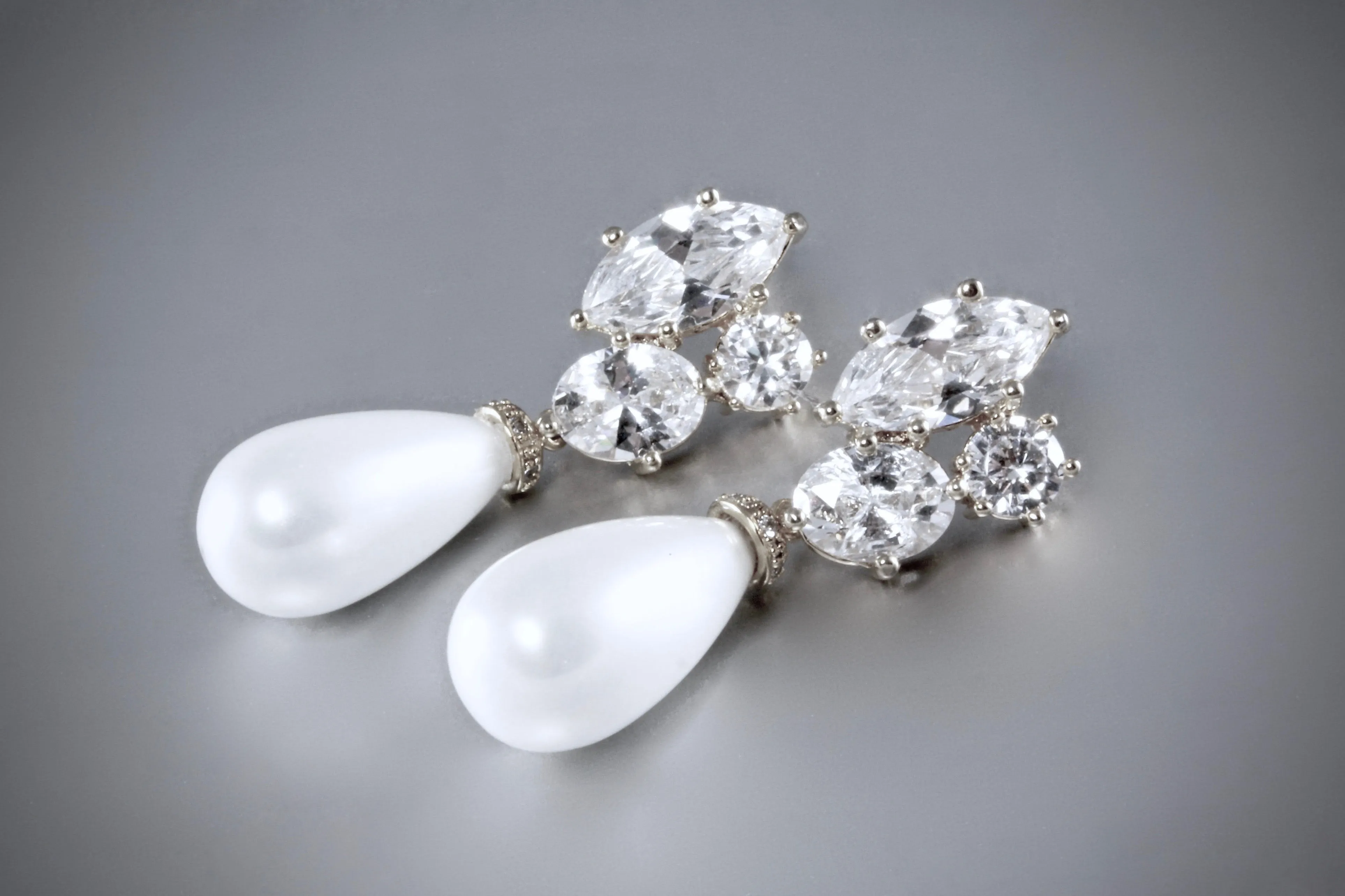 "Alexia" - Bridal Pearl Drop Earrings - Available in Silver and Yellow Gold