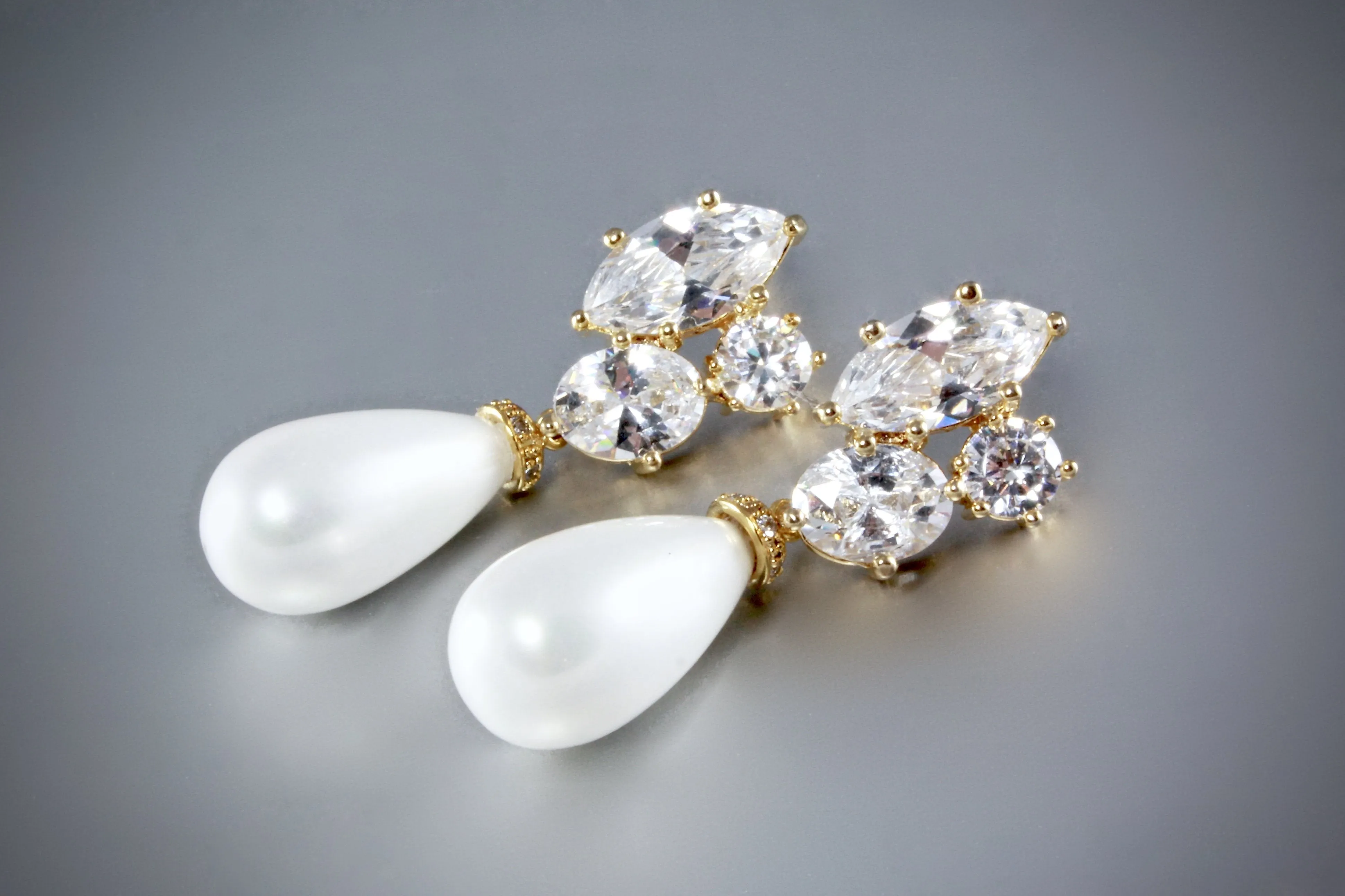 "Alexia" - Bridal Pearl Drop Earrings - Available in Silver and Yellow Gold