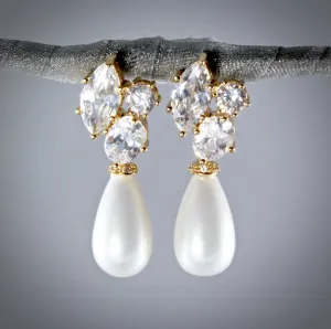 "Alexia" - Bridal Pearl Drop Earrings - Available in Silver and Yellow Gold