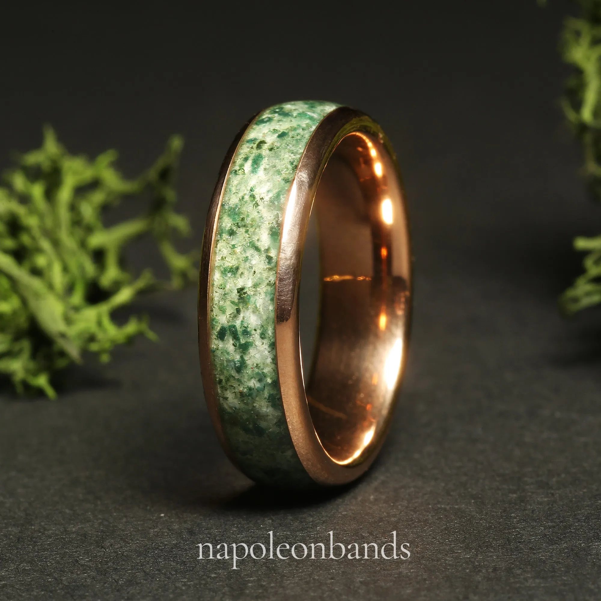 "Verdant Rose" Rose Gold Polished Tungsten Wedding Band with Moss Agate Inlay for Men and Women