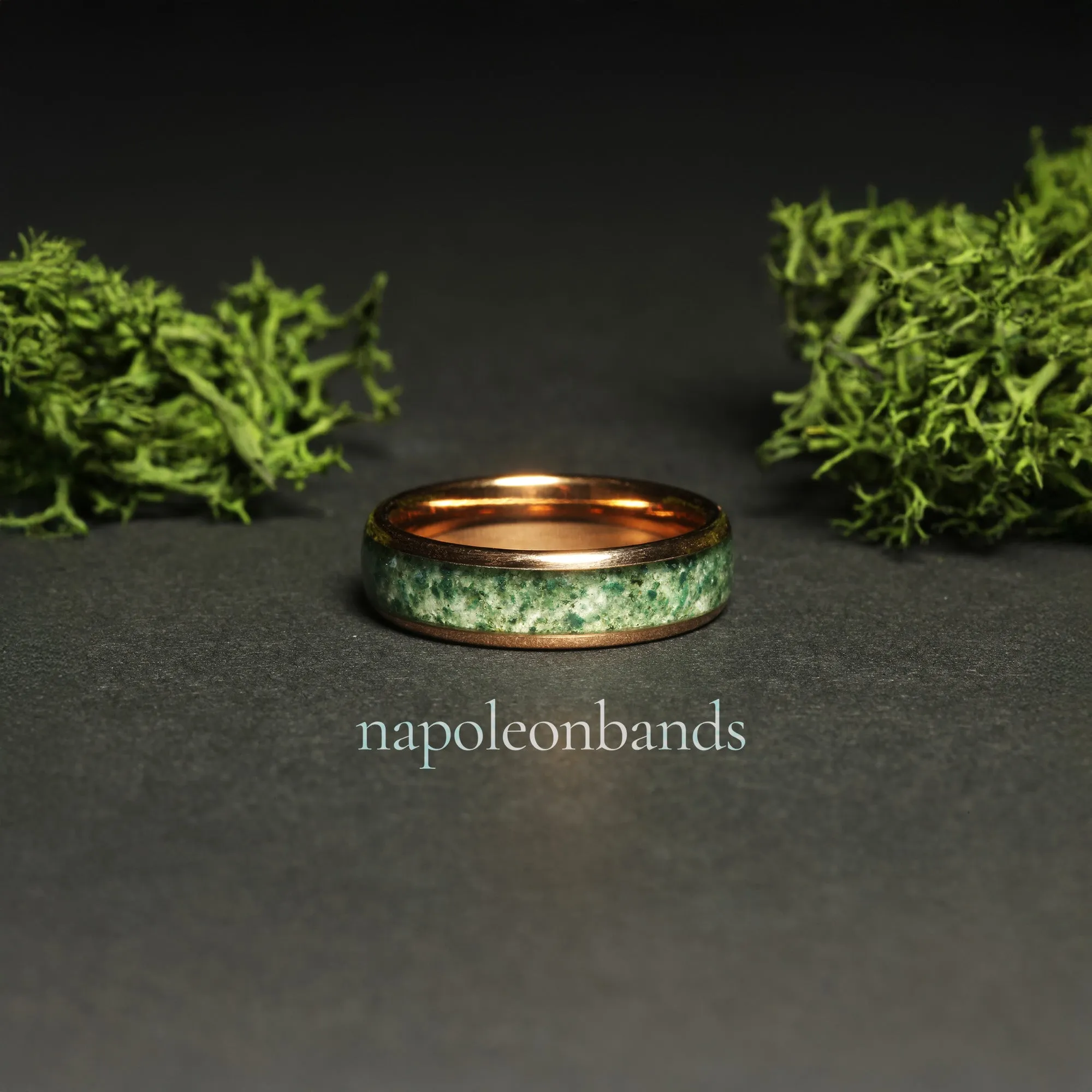 "Verdant Rose" Rose Gold Polished Tungsten Wedding Band with Moss Agate Inlay for Men and Women