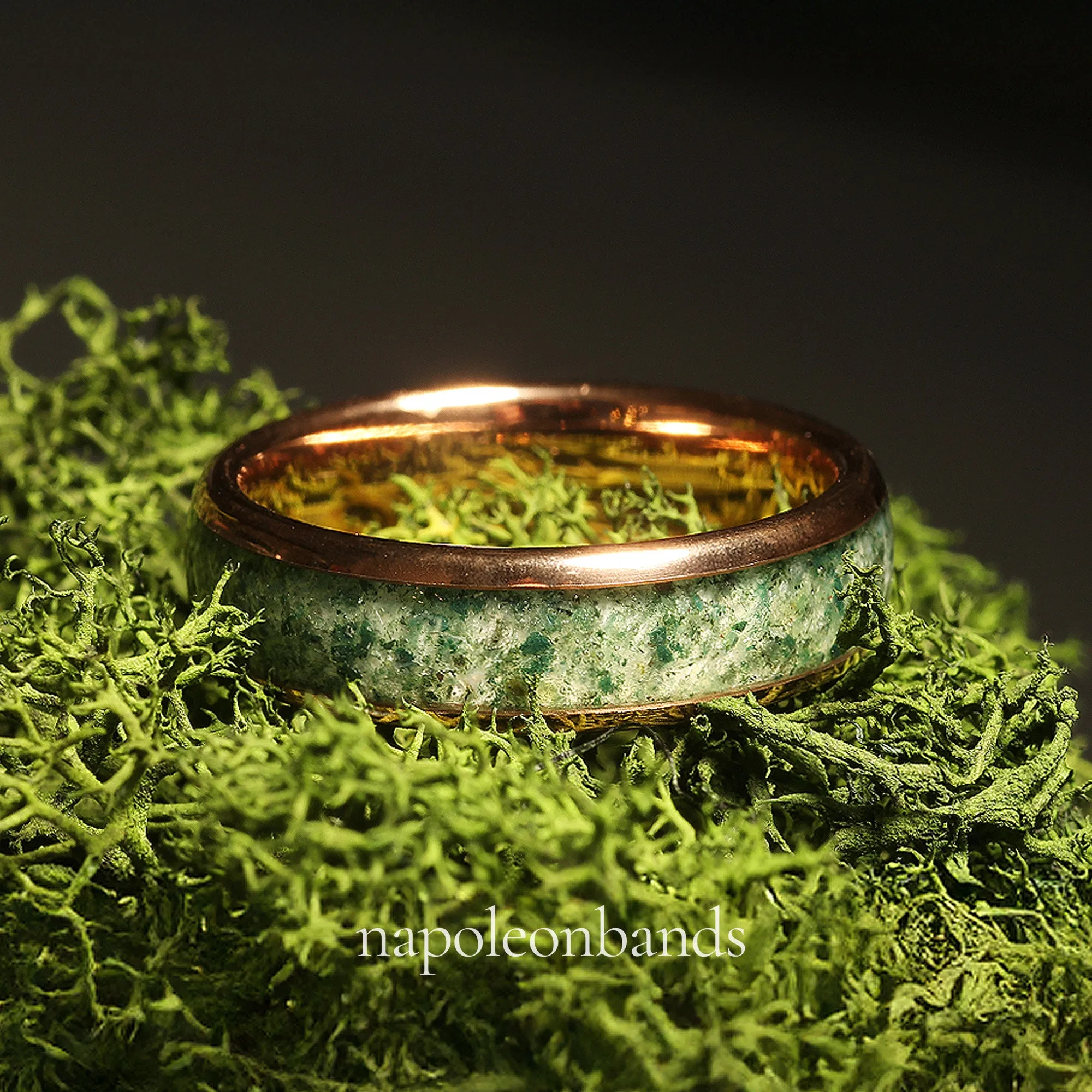 "Verdant Rose" Rose Gold Polished Tungsten Wedding Band with Moss Agate Inlay for Men and Women