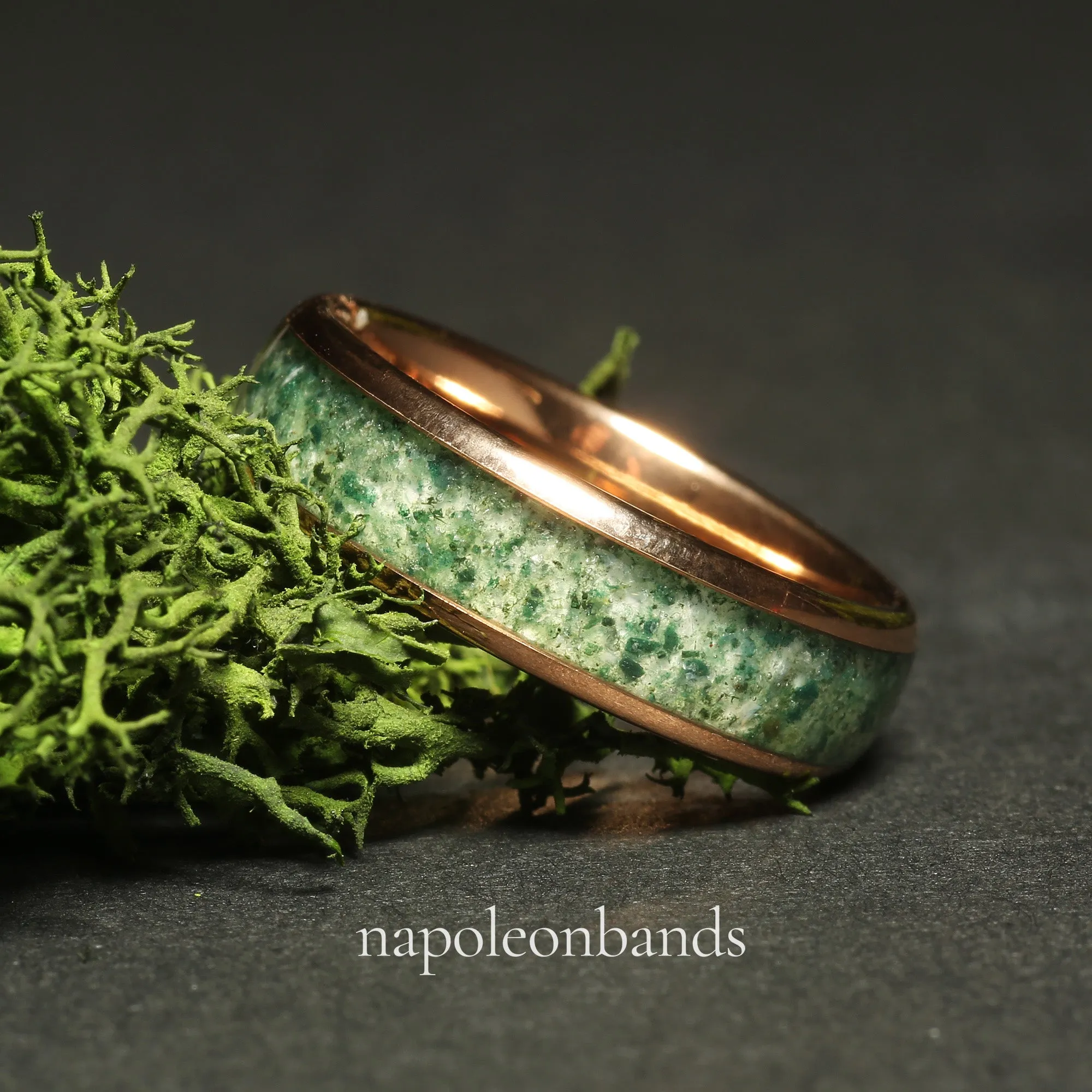 "Verdant Rose" Rose Gold Polished Tungsten Wedding Band with Moss Agate Inlay for Men and Women