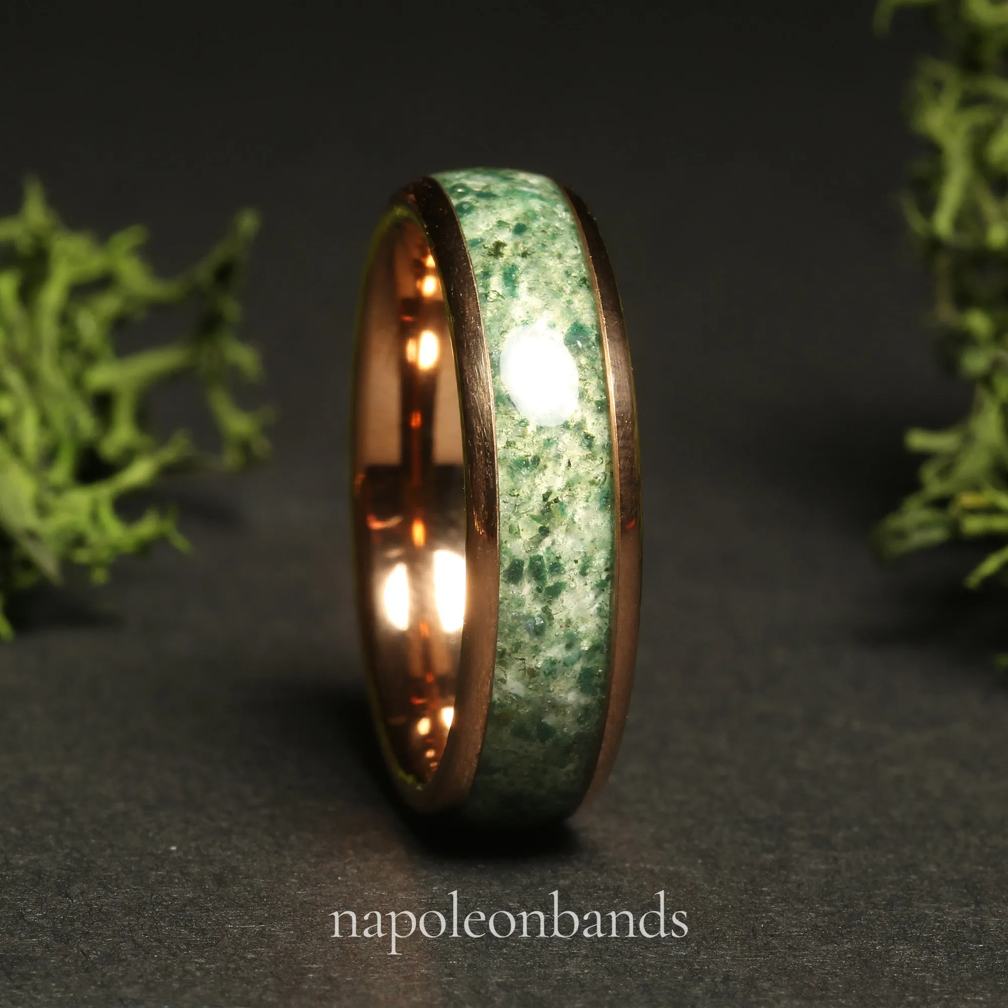 "Verdant Rose" Rose Gold Polished Tungsten Wedding Band with Moss Agate Inlay for Men and Women