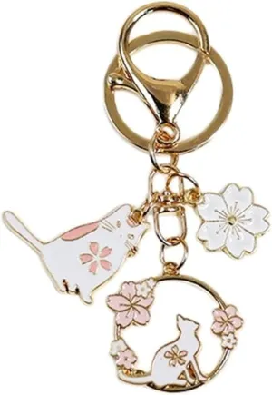 Rabbit Cat Keychain Key Rings Cute Round Rabbit Cat Metal Keychain Lovely Pink Sakura Car Bag Keyring Girl Boy Couple Jewelry Pendant Accessories