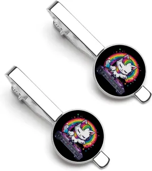 Rainbow DJ Cat Kitty Men's Tie Clip Round Tie Bar Tie Tack Pins Jewelry Accessories for Father's Day Gifts