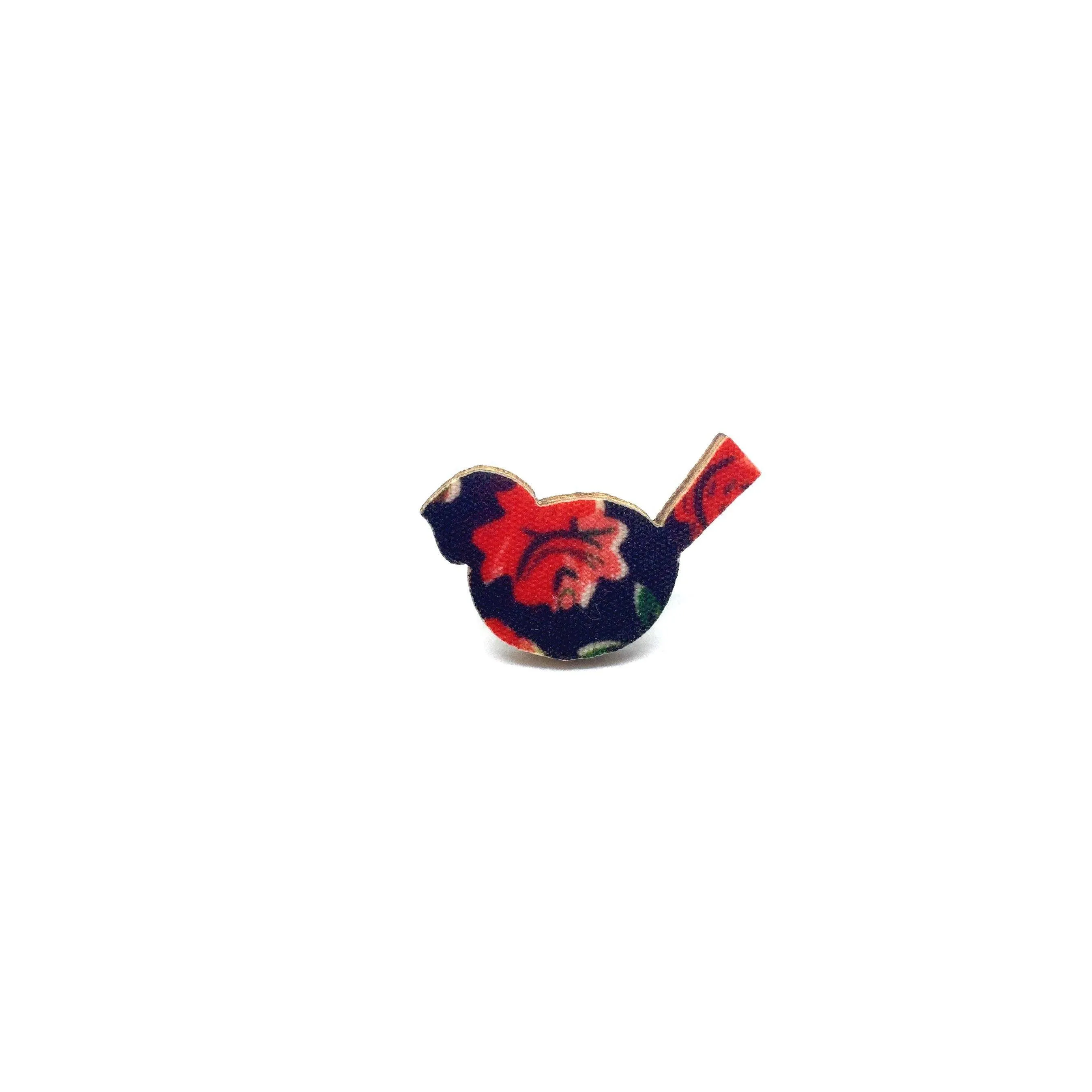 Red Floral Bird Wooden Brooch Pin