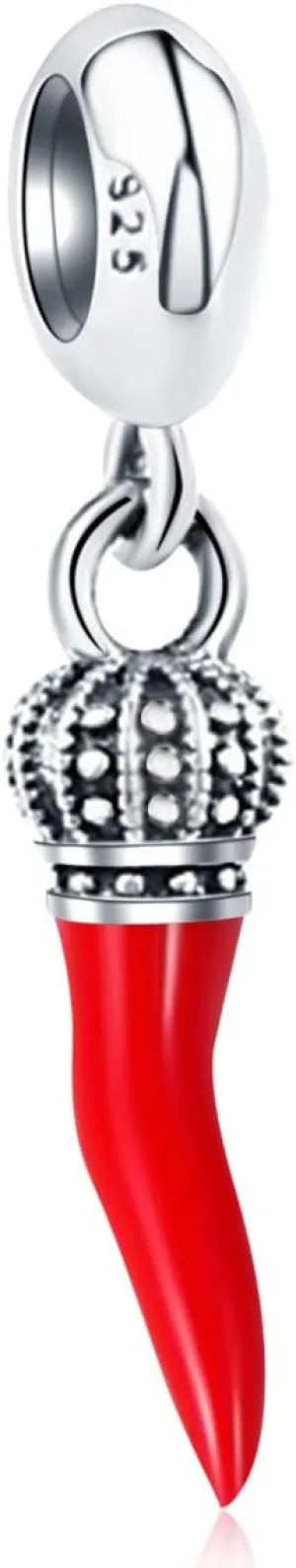 Red Italian Horn Charm Pendant, 925 Sterling Silver Corno Chili Pepper Dangling Bead, Fit Pandora Style Bracelet Necklace