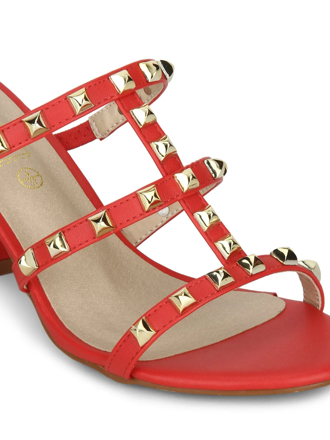 Red Pu Studded Block Heels