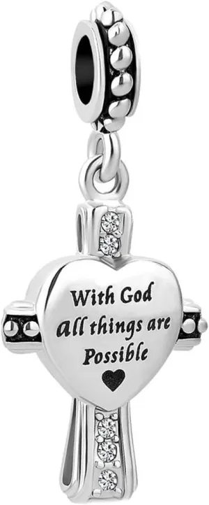 Religious Cross Charm with God All Things are Possible Quote Bible Dangle Bead Compatible With Pandora Charms Bracelets