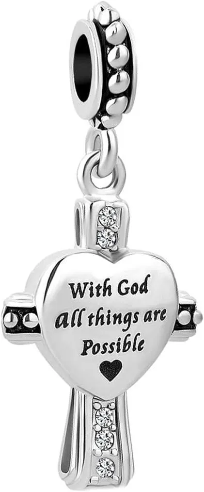Religious Cross Charm with God All Things are Possible Quote Bible Dangle Bead Compatible With Pandora Charms Bracelets