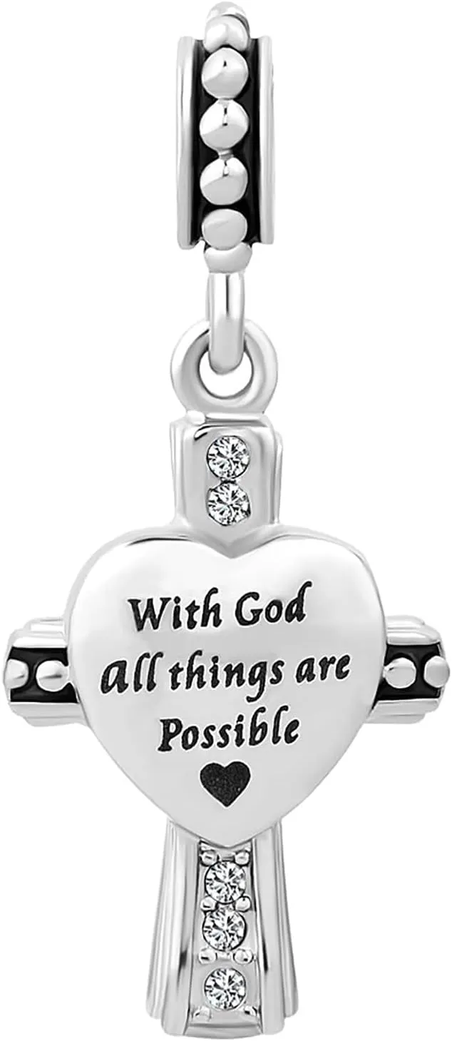 Religious Cross Charm with God All Things are Possible Quote Bible Dangle Bead Compatible With Pandora Charms Bracelets