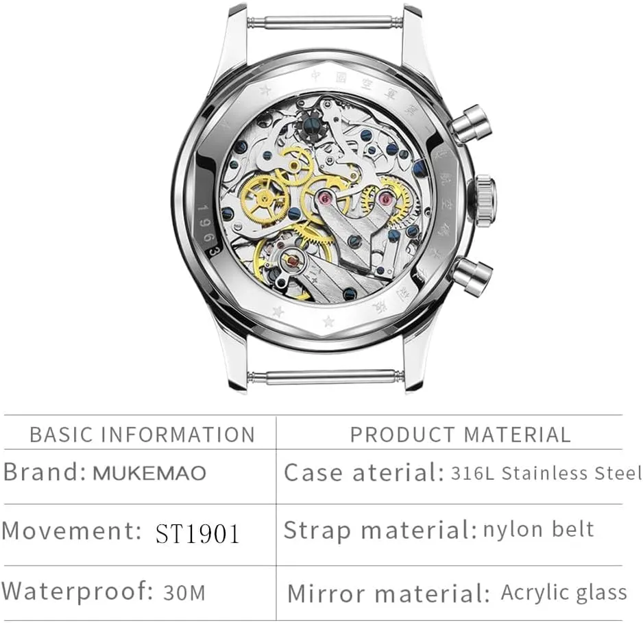 Retro-Chronograph 1963 Original ST1901 Movement Men Mechanical Watch Hand Winding Sapphire & Acrylic Mirror Pilot Wristwatch