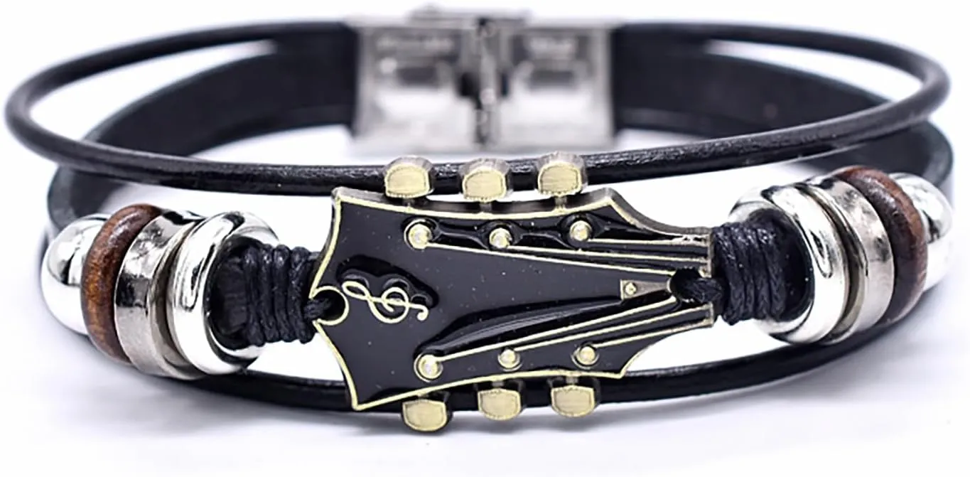 Retro Faux Leather Guitar Bracelet For Women, Unique Leather Musical Cuff Wristband With Stainless Clasp Rock Gift Jewelry