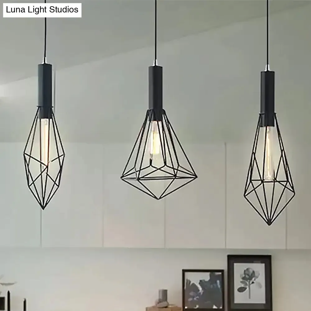 Retro Style Polygon Ceiling Light with Cage Shade - 3 Lights, Black Metallic