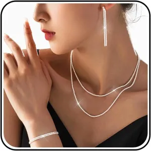 Rhinestone layered Herringbone Necklace Jewelry Set for Women, Snake Chain Necklace and Dangle Earrings and Hand Chain Bracelet Costume Formal Wedding Jewelry Sets for Brides