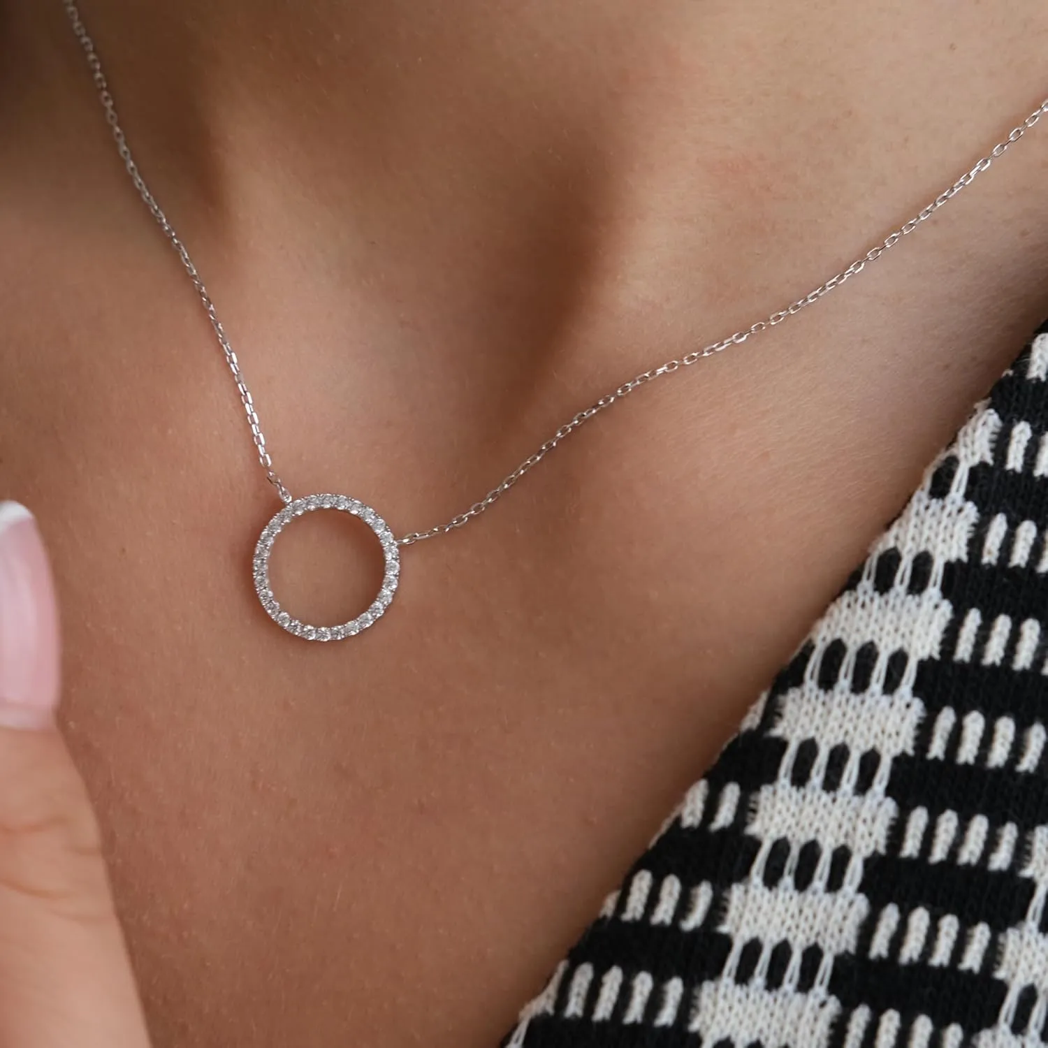 Rhodium Plated Paved Circle Pendant Sterling Silver Necklace for Women