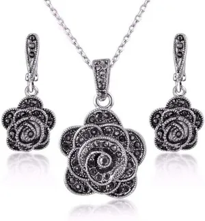 Rhodium Plated Vintage Silver Rose Flower Jewelry Sets Black Marcasites Studs Earrings Pendent Necklace for Women Girls