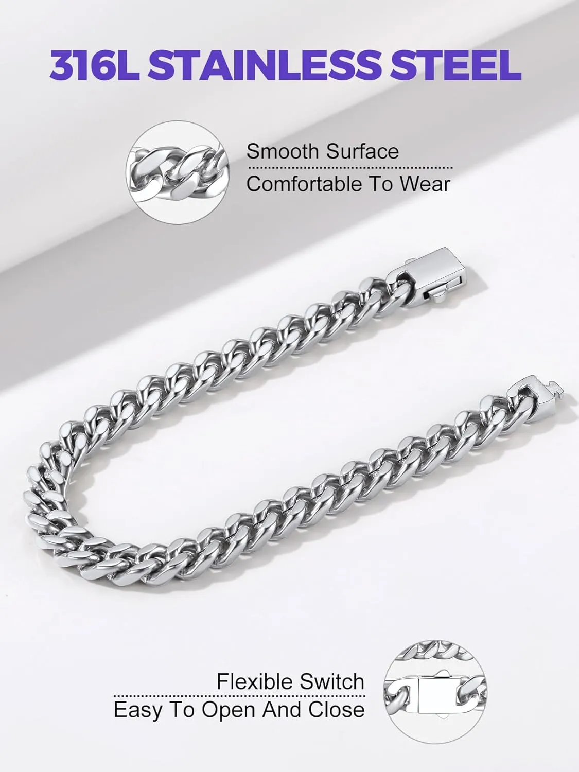 Richsteel 5/7/9/12mm Wide Miami Cuban Link Chain Bracelet for Men Women,Father's Day Stainless Steel Chain Bracelet,7.4/8.2/9 Inch Length,Hip Hop Urban Street-wear Jewelry