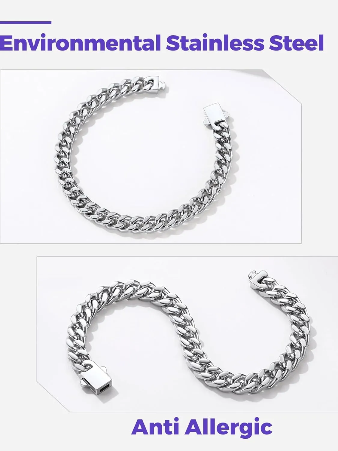 Richsteel 5/7/9/12mm Wide Miami Cuban Link Chain Bracelet for Men Women,Father's Day Stainless Steel Chain Bracelet,7.4/8.2/9 Inch Length,Hip Hop Urban Street-wear Jewelry