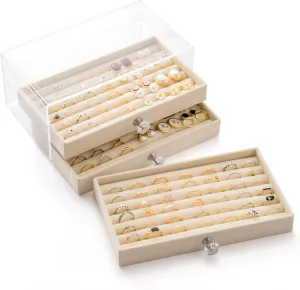 Ring Box Display Holder, Clear Velvet Jewelry Storage Tray Organizer for Ring Stud Earring (Beige - 3 Drawers)