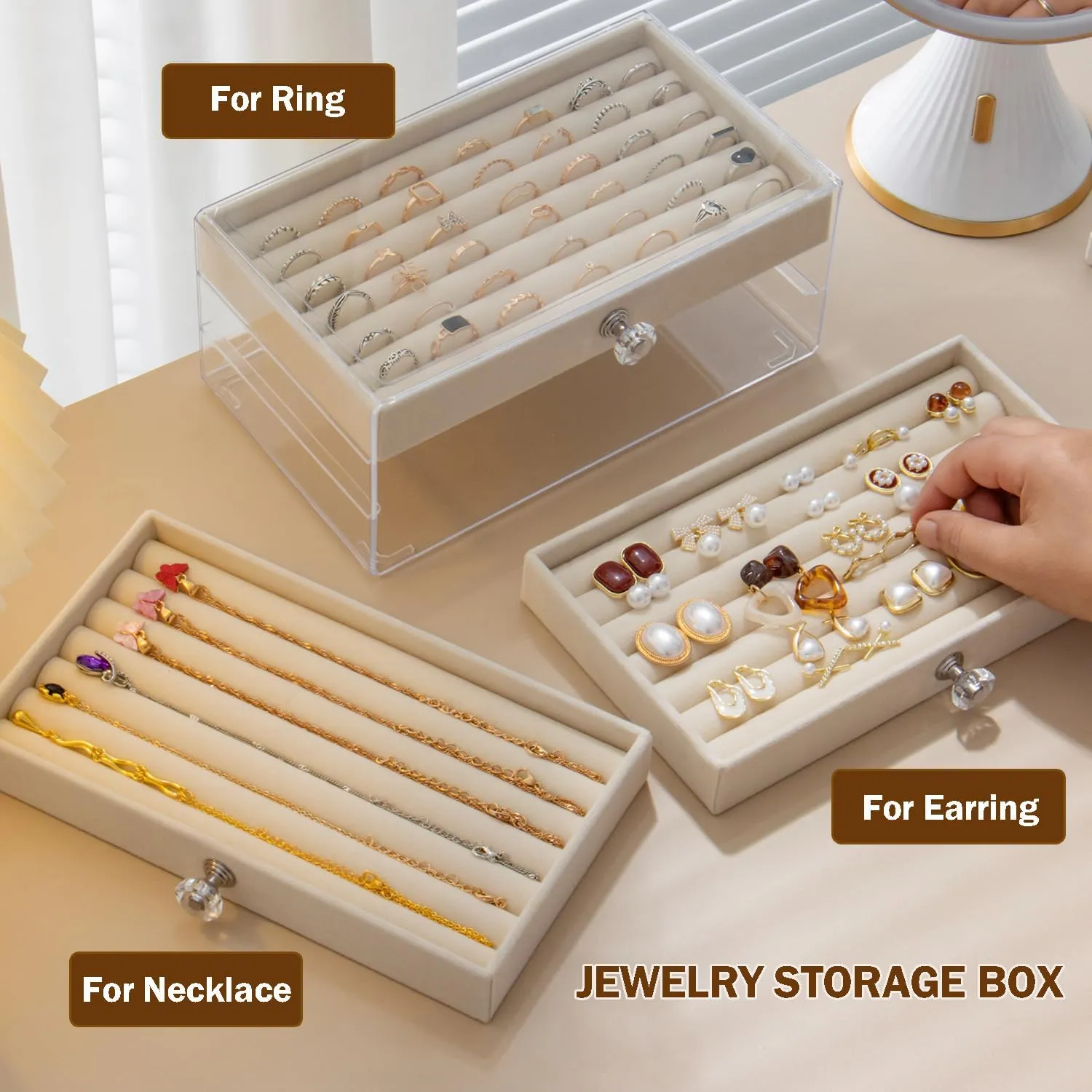 Ring Box Display Holder, Clear Velvet Jewelry Storage Tray Organizer for Ring Stud Earring (Beige - 3 Drawers)