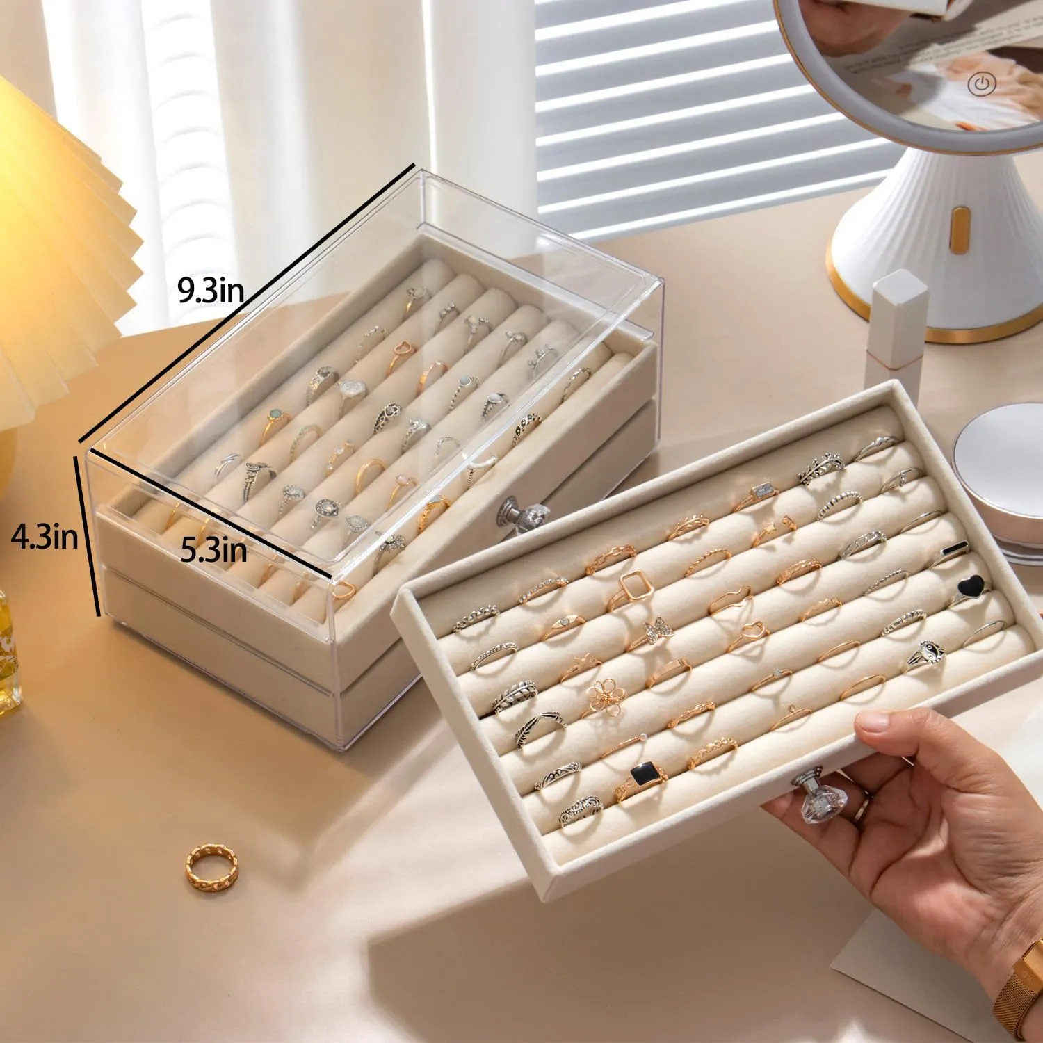 Ring Box Display Holder, Clear Velvet Jewelry Storage Tray Organizer for Ring Stud Earring (Beige - 3 Drawers)