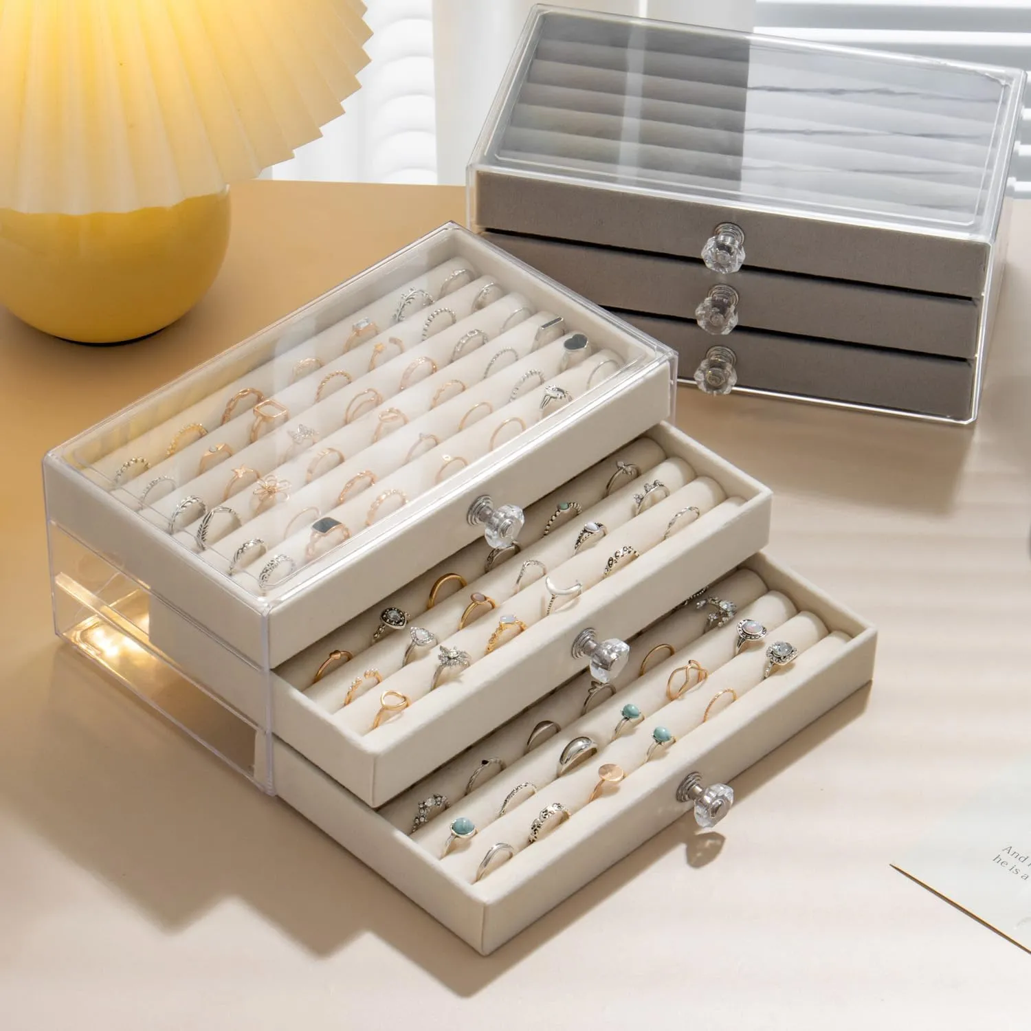 Ring Box Display Holder, Clear Velvet Jewelry Storage Tray Organizer for Ring Stud Earring (Beige - 3 Drawers)