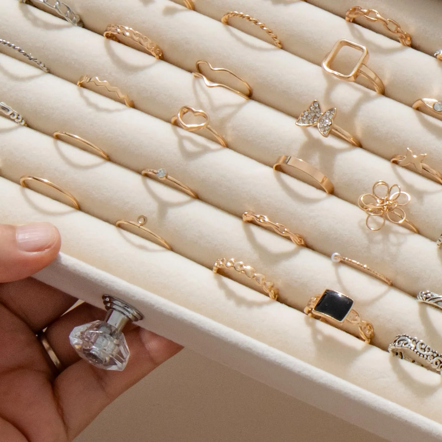 Ring Box Display Holder, Clear Velvet Jewelry Storage Tray Organizer for Ring Stud Earring (Beige - 3 Drawers)