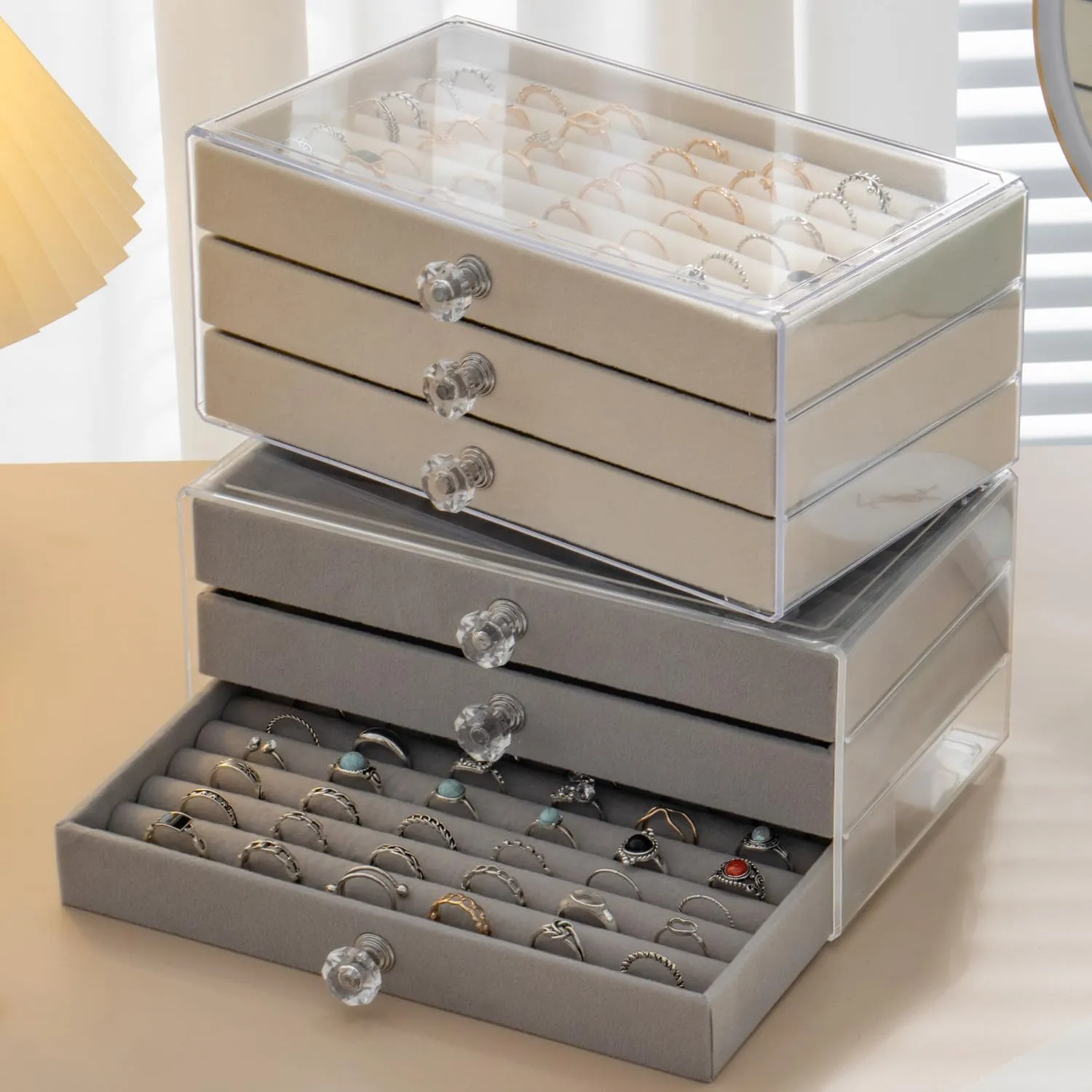 Ring Box Display Holder, Clear Velvet Jewelry Storage Tray Organizer for Ring Stud Earring (Beige - 3 Drawers)